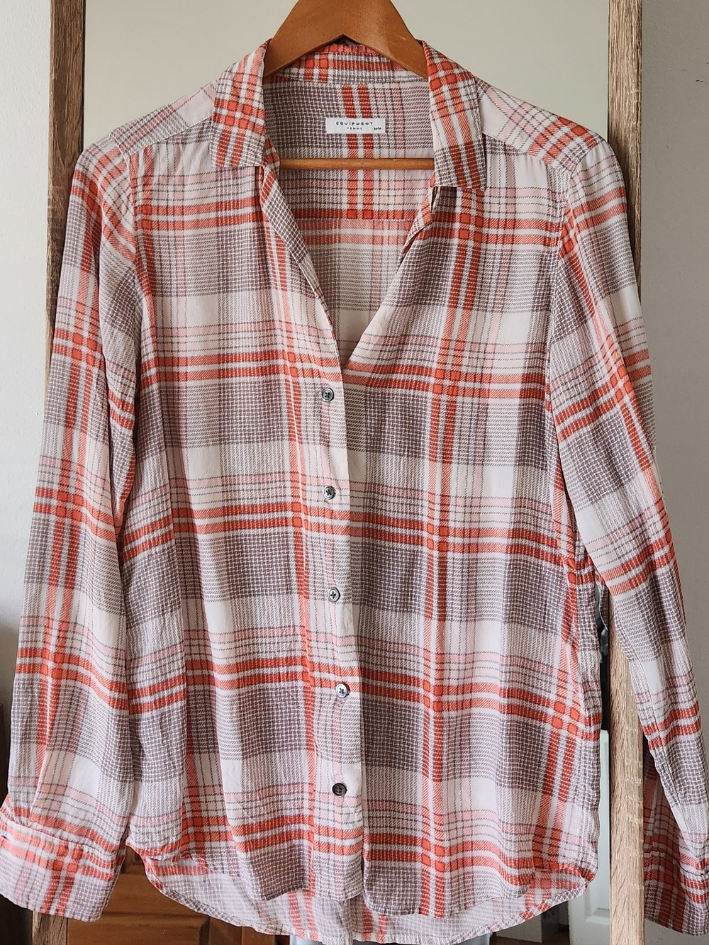 Silk Rails Plaid Button-Up Shirt - Coral, Taupe & Cream